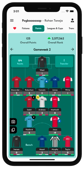 Fantasy PL team screen showing live points, rank, players, and bench